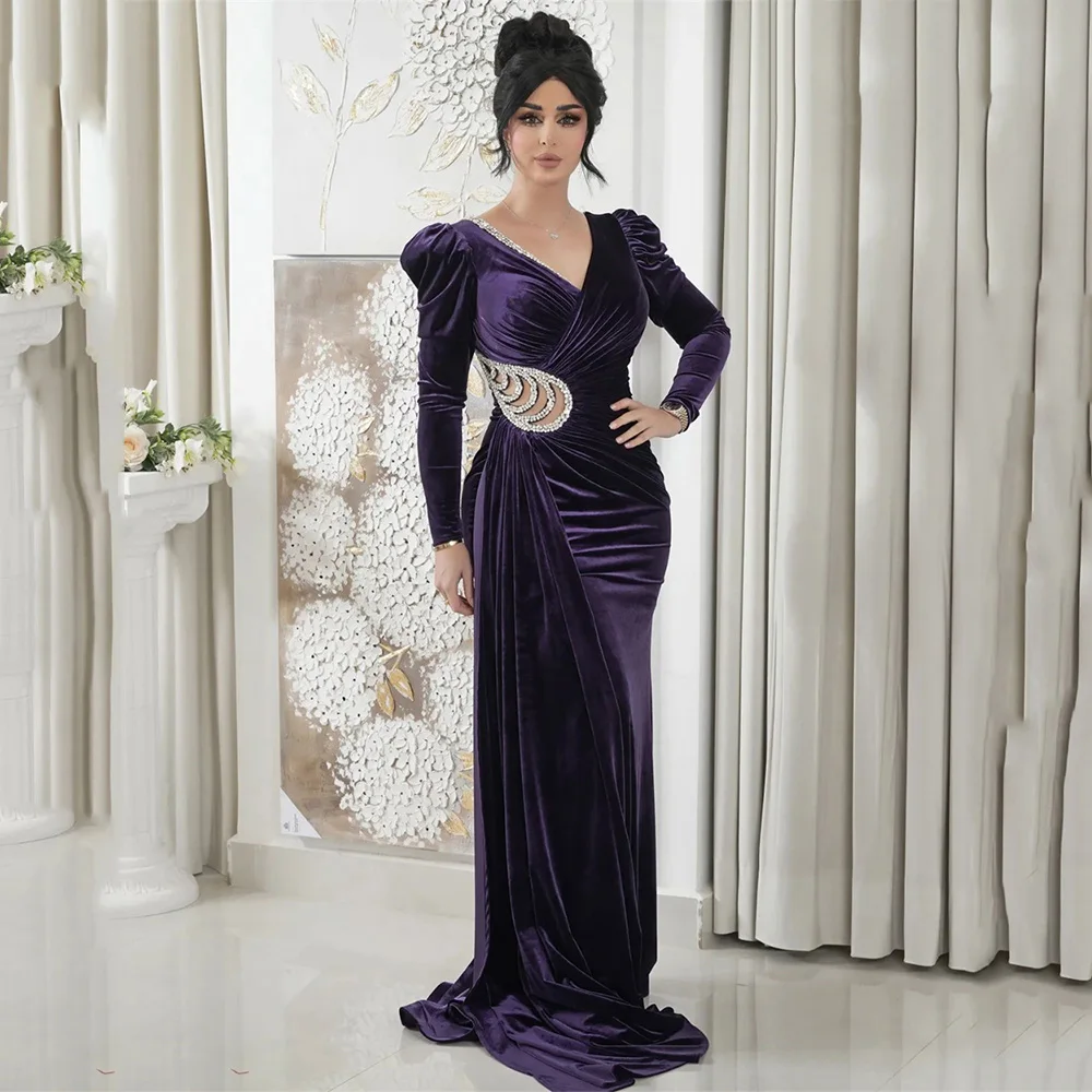 

Элегантное велюровое вечернее платье с V-образным вырезом и длинным рукавом, сексуальное Выходное платье, прямое плиссированное платье для выпускного вечера