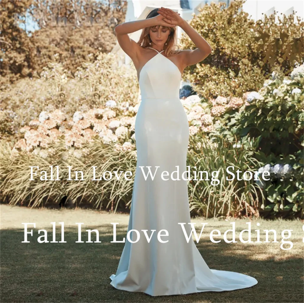 Sexy Summer Wedding Dress Spaghetti Straps Sleeveless Plain Satin Mermaid Sweep Train White Bridal Gown Vestido De Novia 2024