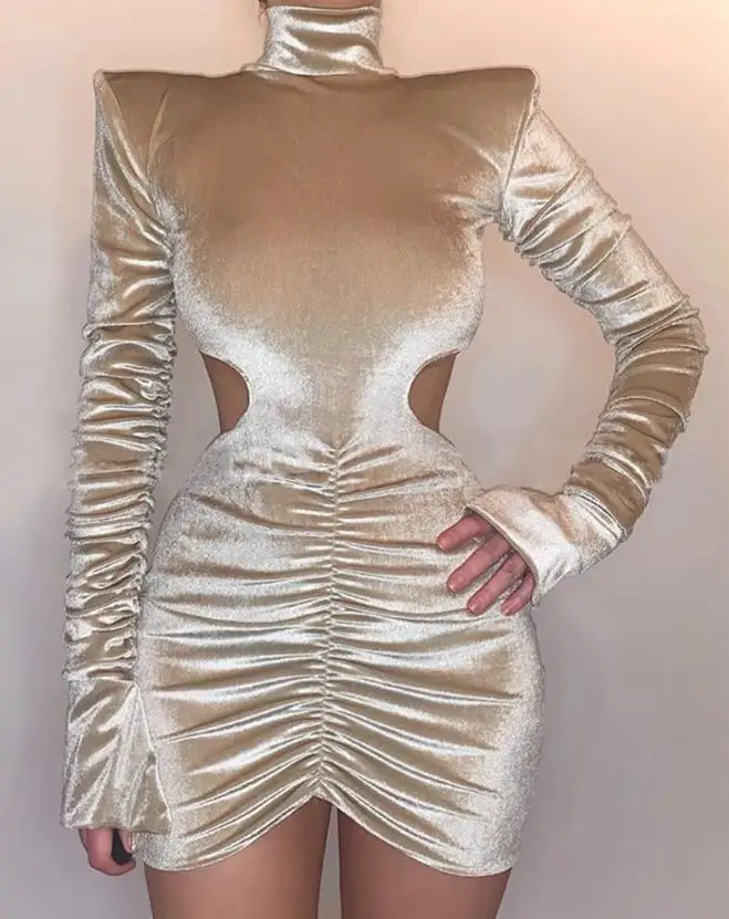 Women's 2024 New Fashionable Women's Velvet Waist Open Pleated Velvet Long Sleeved Hollow Fold Tight Dress