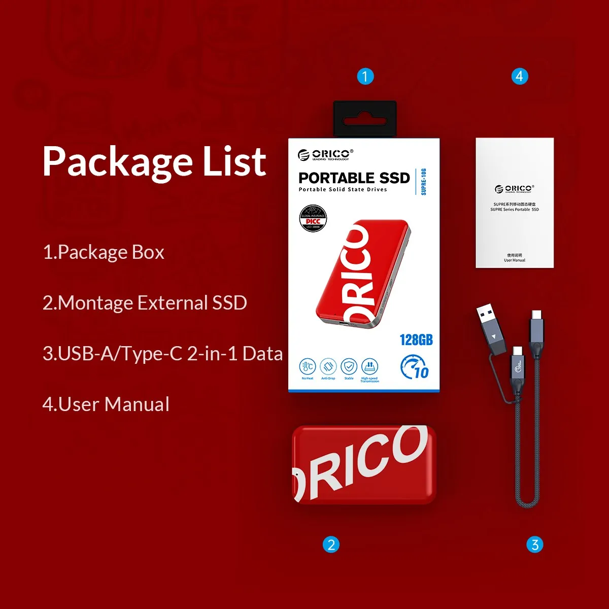 ORICO-SUPRE ޴ SSD 10Gbps  ָ Ʈ ̺, 2 ׶Ʈ 1 ׶Ʈ 256GB 512GB USB 3.2 Gen 2 Type- C Ʈ Ʈ  PSSD
