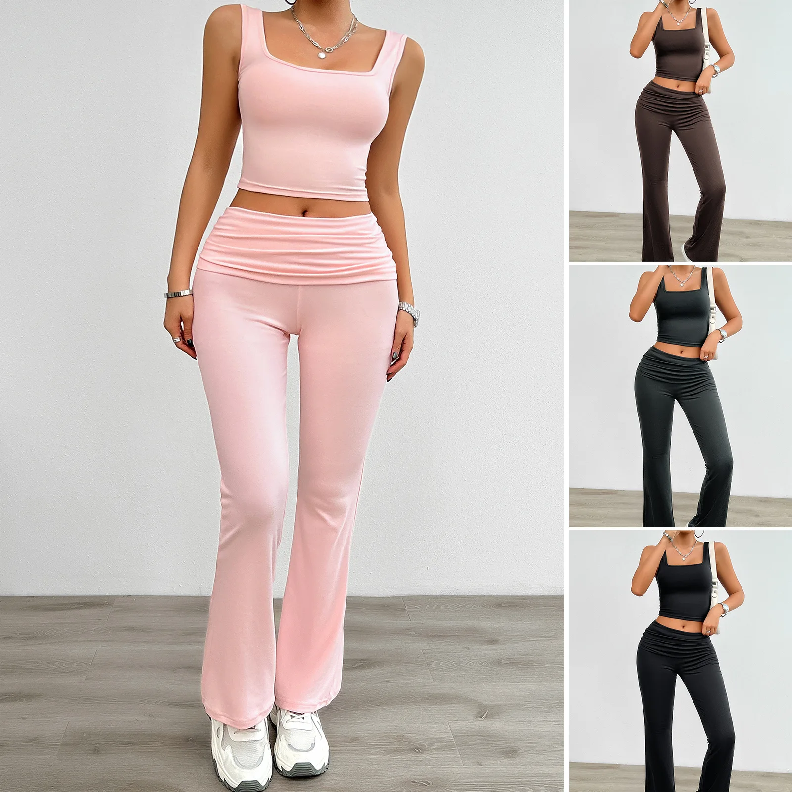 YEAE Solid Color Slim Stretch Vest Pants Set Casual Exercise Yoga Wear Camisole Top and Slim Straight Pants Set Kardashian Y2K [fila]4way stretch pants