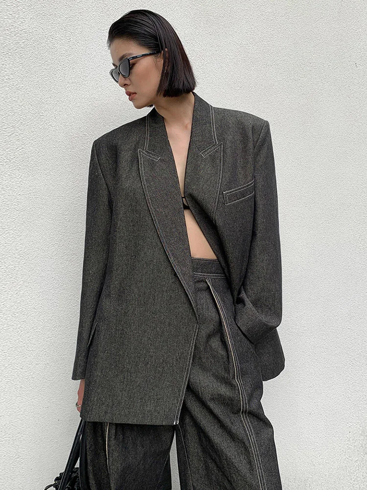 BJTZ Big Size Black Denim Jacket Wide Leg Pants Two Piece Suit New Lapel Long Sleeve Women Fashion Spring Autumn 2024 3
