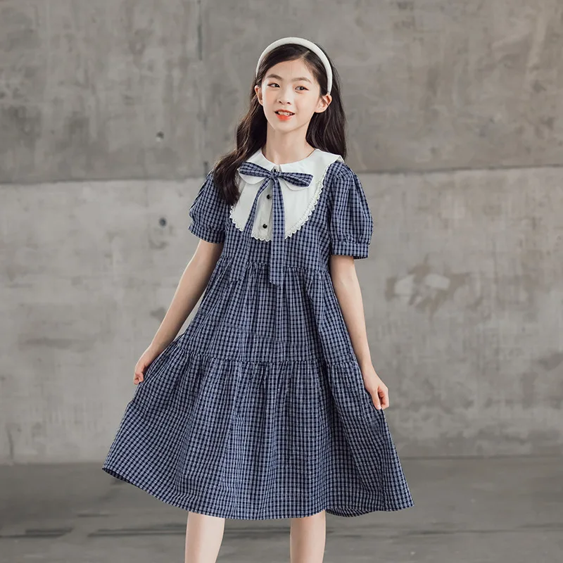 

Dress for 12 years old Girls Summer Children School Clothes Plaid Bow Cotton Tops Elegant Korean Girls Long Dress