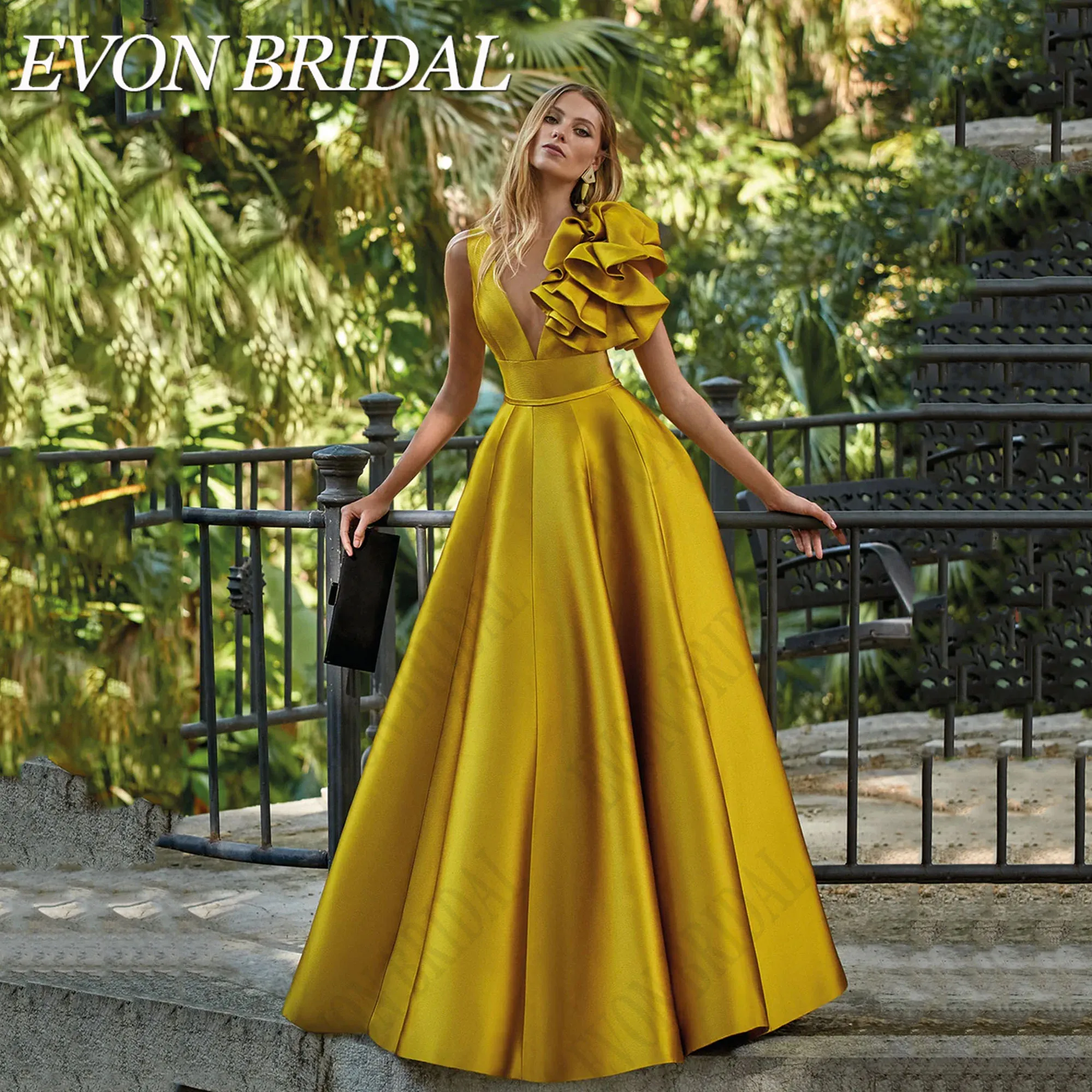 EVON BRIDAL A-Line V-Neck Princess Evening Dress Sleeveless Satin Formal Occasion Gown Back Buttons vestido de fiesta Customized 1