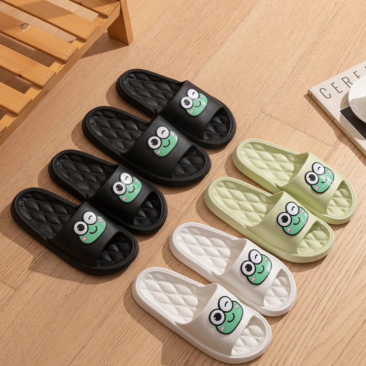 Frog Slippers Female Summer Household Korean Version of Rhombic Slippers Bathroom Non-slip Bath Sandals for Women Cross-border