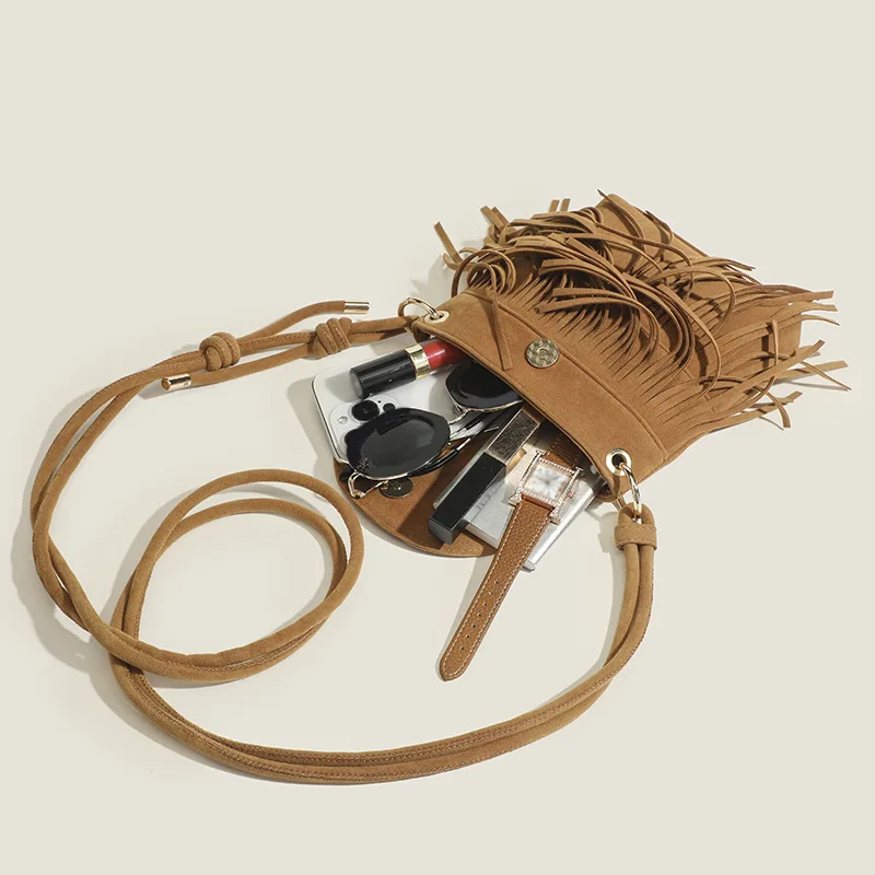 2024 New Retro Ethnic Style Fringe Bag Retro One-shoulder Oblique Bag Frosted Soft Leather Women's Bag