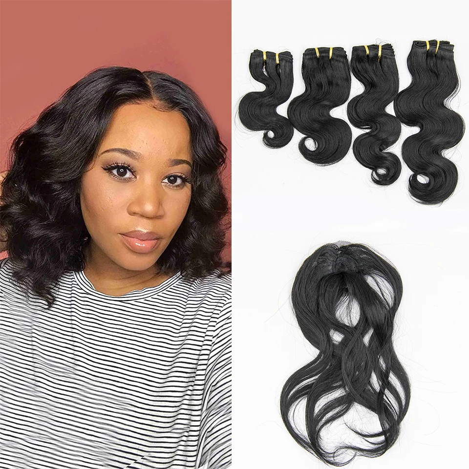 Body Wave Bundles Synthetic Wigs Hair Extension Natural Black Two Tone Colour Heat Resistant Bundles with Free Fringe Hair Weft