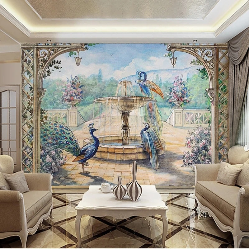 European Palace Peacock Fountain Garden Wallpaper Bedroom Living Room TV Background Wall Paper Home Decor Papel De Parede 3D 3d wallpaper mural wall covering wallpaper