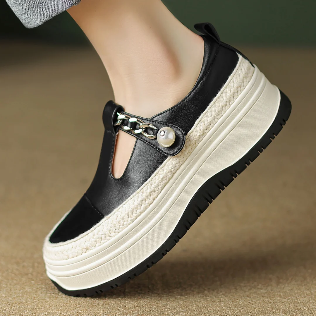 

Women's cow leather slip-on thick sole platform Mary Jane flats t-strap chain decoration casual female four season moccasins hot