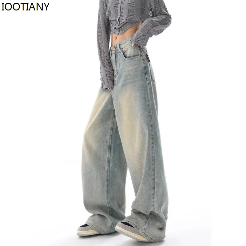 

New Retro Blue Jeans Women's American Loose High Waisted Floor-mopping Wide Leg Pants Hip Hop Retro Straight Trouser Street Wear