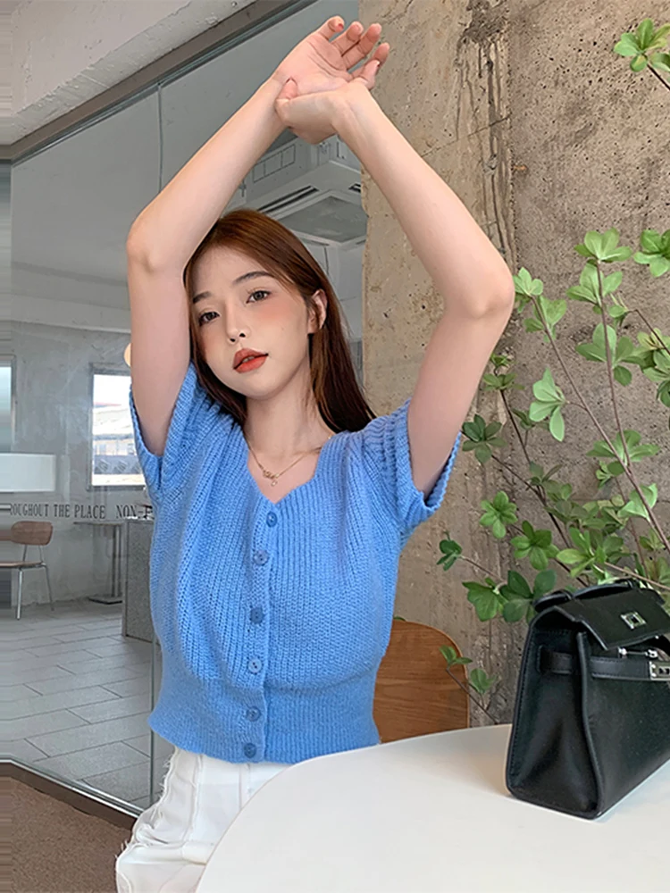 화이트 스퀘어 칼라 짧은 소매 니트 오픈 카디건 여성 여름 새로운 디자인 슬림 피트 탑 얇은 스타일 스위트 포레스트 소녀