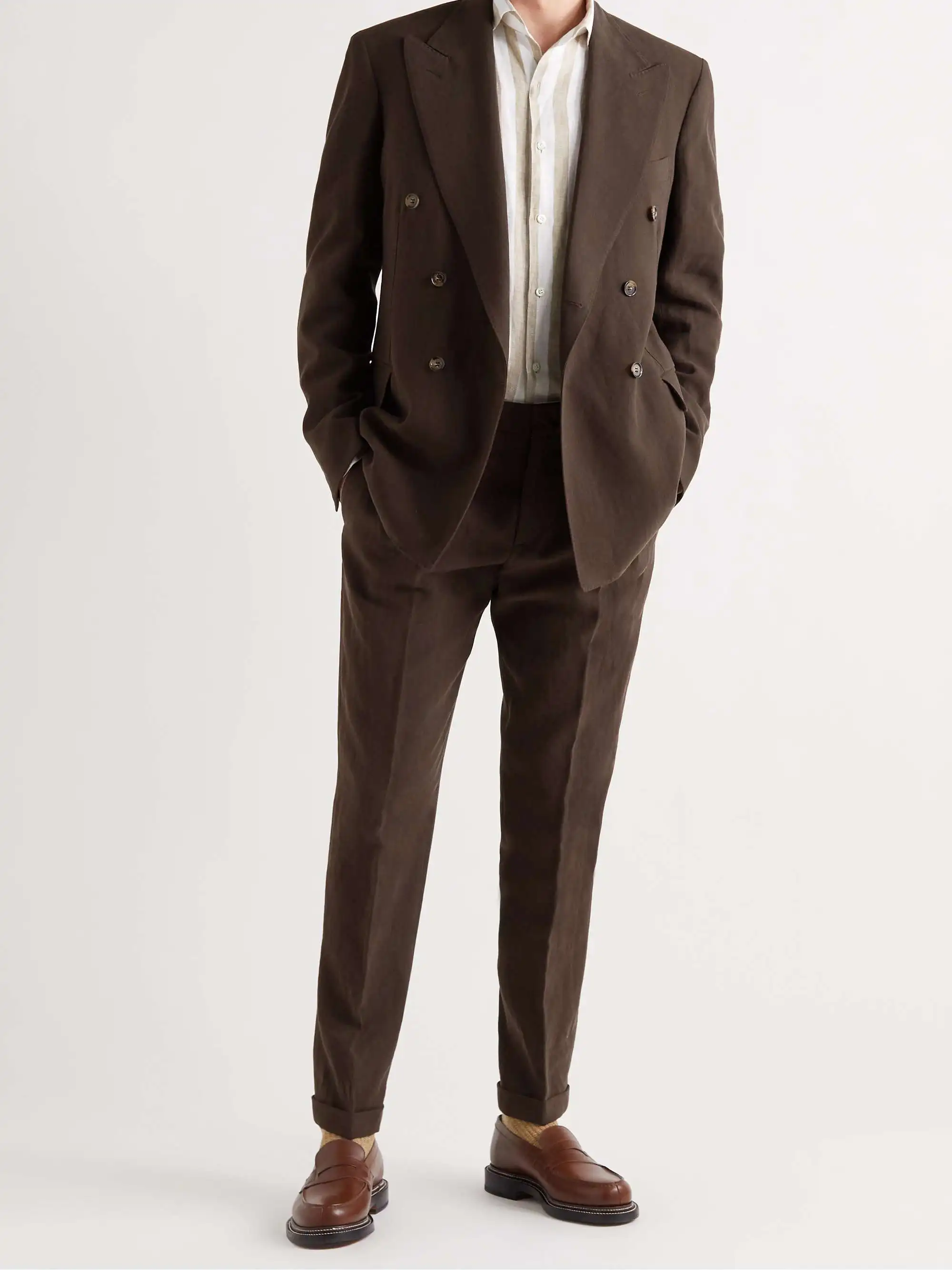 Brown Summer Linen Elegant Men Suits Double Breasted Casual Slim Fit Blazer Peak Lapel High Quality Custom 2 Piece Set Costume