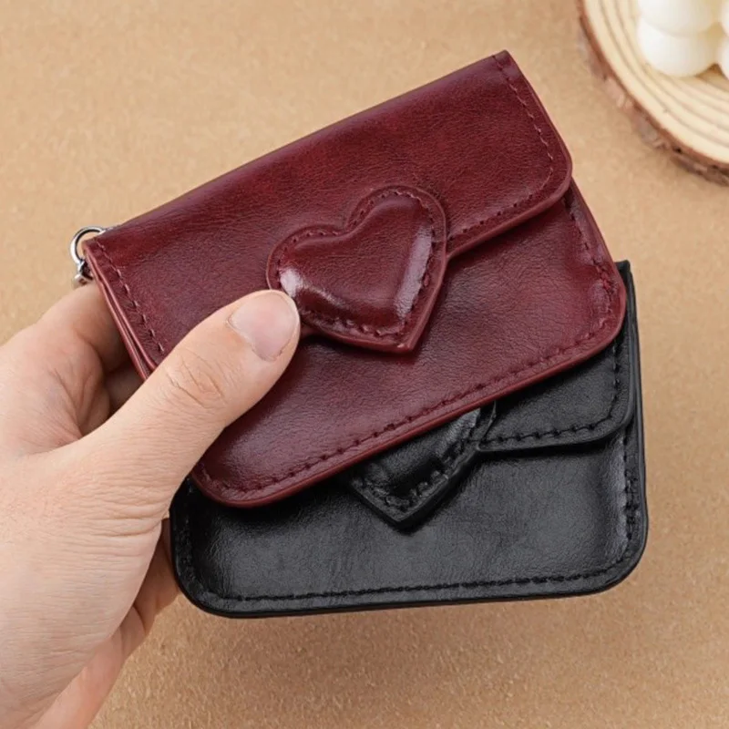 1pcs Pu Leather Wallet Heart Shaped Buckle Portable Mini Purse Multi-card Slots Anti-magnetic Card Holder Bags for Women Men