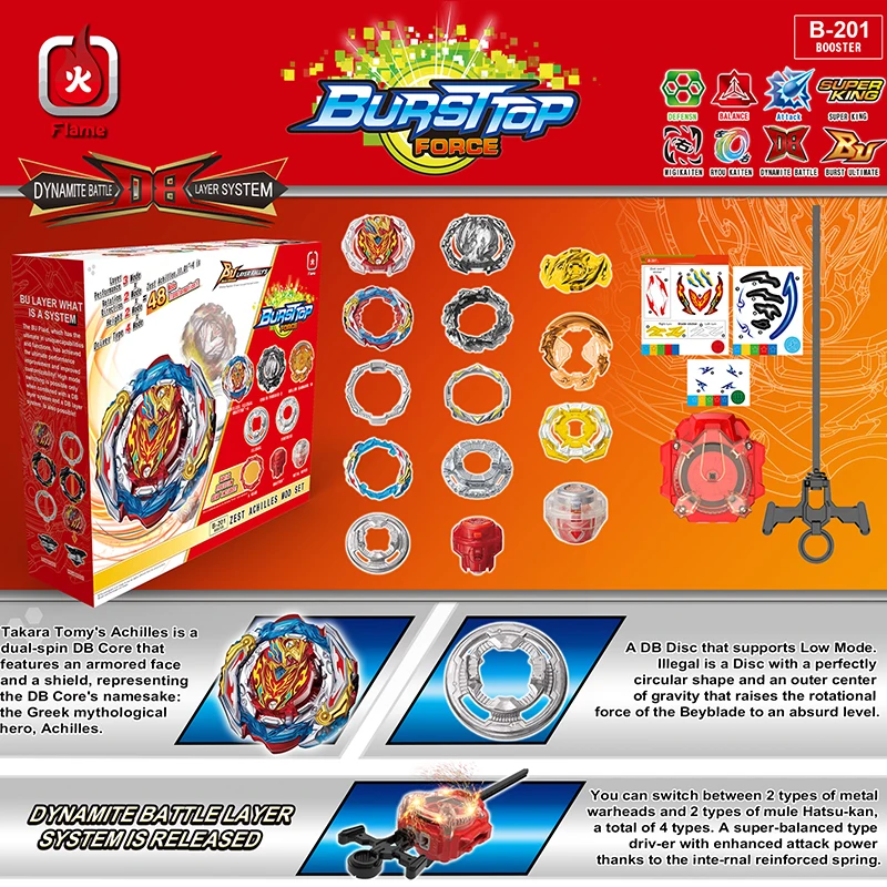 Dynamite Battle Bey Set B-201 Zest Achilles Customize Set Booster B201 Spinning Top with Custom Launcher Kids Toys for Boys Gift