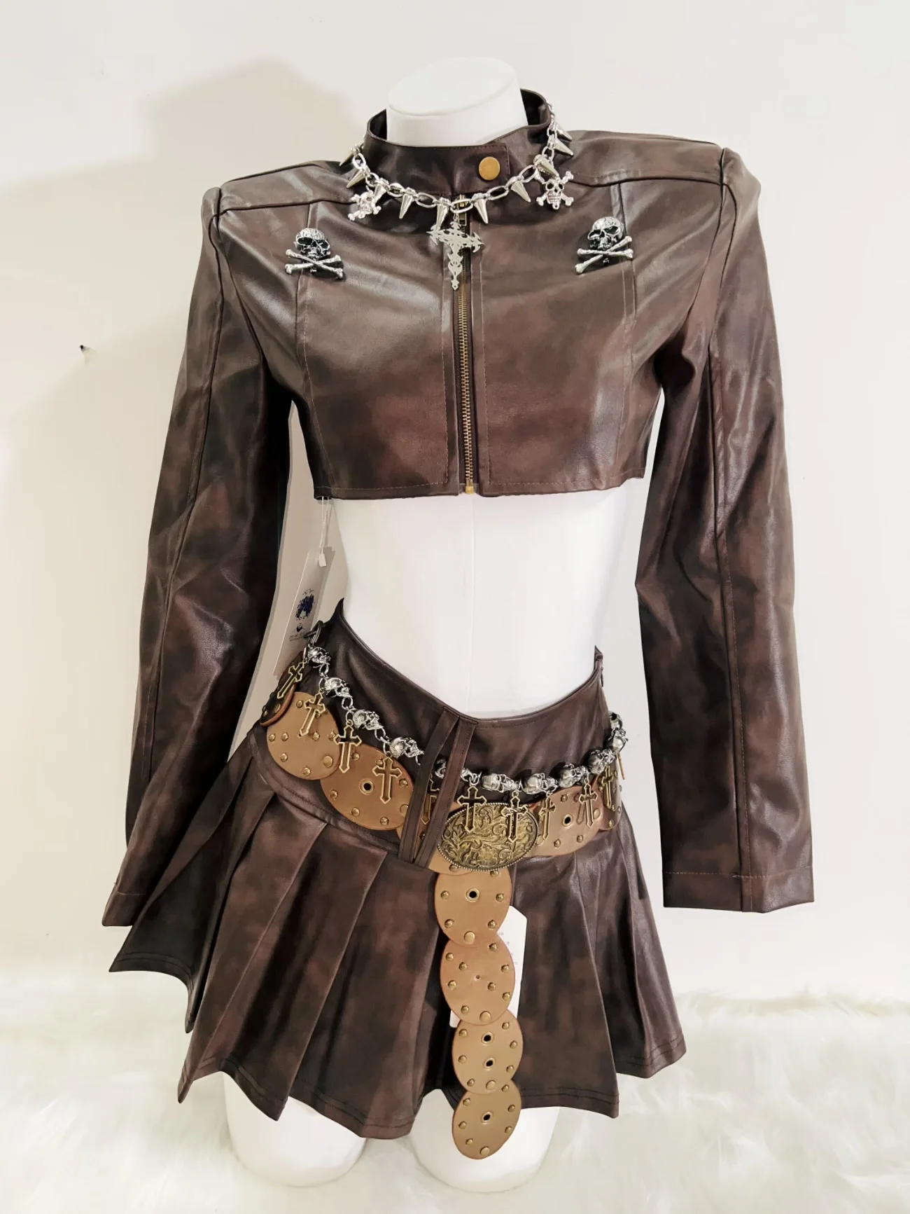 Faux Leather Cropped Jacket and Skirt 2