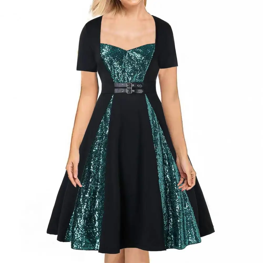 

Women Dress Patchwork Elegant Formal Dress Large Hem Punk Dress Gathering