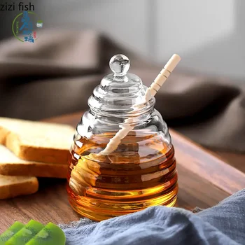 Glass Honey Jar with Lid Transparent Jam Jar Creative Striped Glass Bottle Home Kitchen Honey Storage Container with Mixing Rod 1