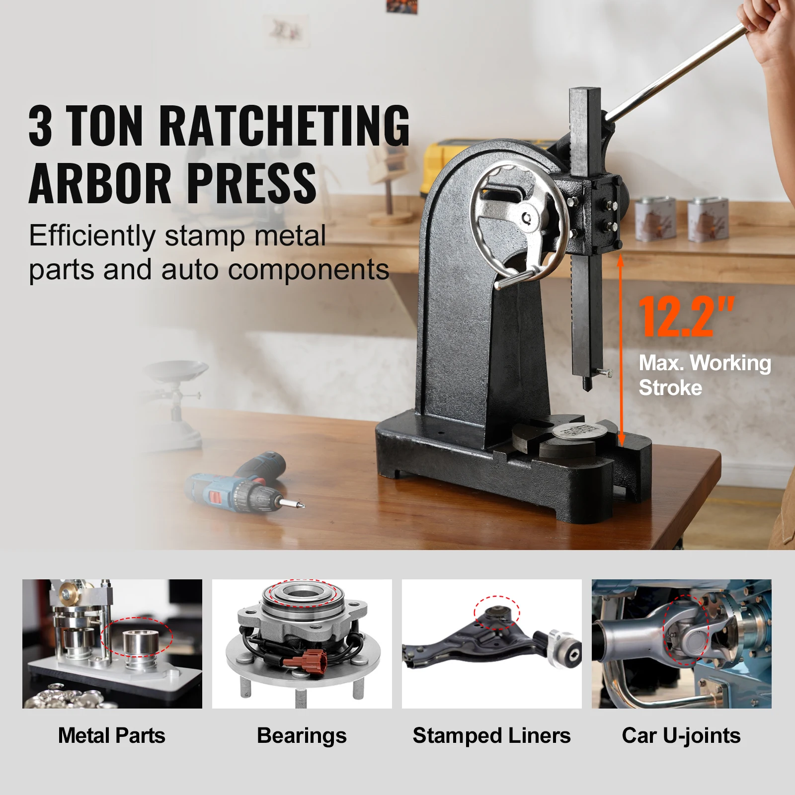 Manual Cast Iron Arbor Press with Ratchet Leverage for Metal Work