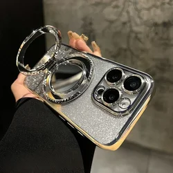 Luxury Gradient Glitter Mirror Stand Phone Case with Makeup Plating Cover - iPhone 16 Pro (Silver)