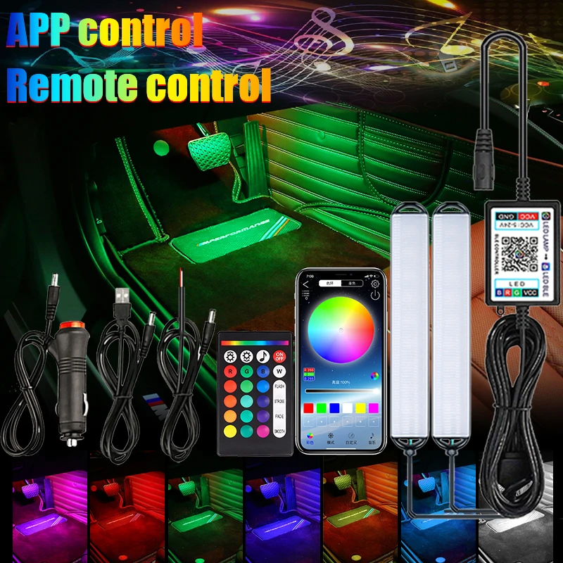

2pcs Led Car Foot Ambient Light USB Cigarette Lighter Backlight Music Control App RGB Auto Interior Decorative Atmosphere Lights