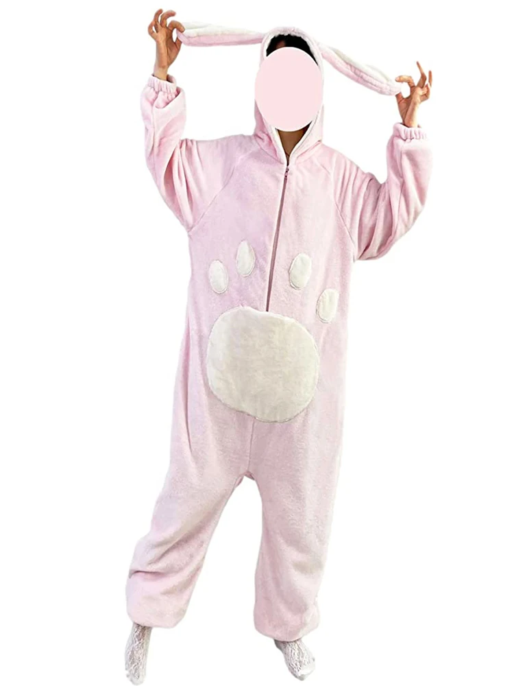 women-cute-bunny-oversize-pajamas-teens-hooded-fleece-zipper-cartoon-homewear-casual-fleece-soft-warm-one-piece-sleepwear