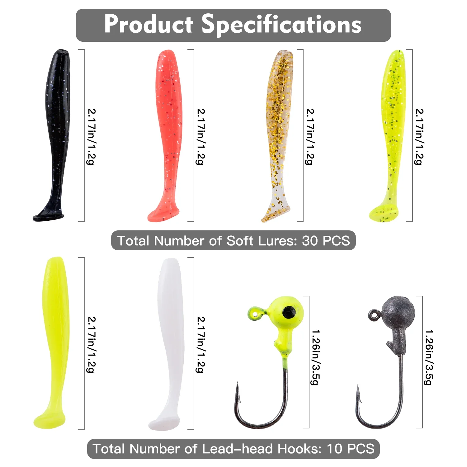 40pcs/lot Soft Fishing Lure Kit 5cm 0.7g Jig Head Hook 3.2cm 3.5g Fishing Hooks with Tackle Box fishing lure