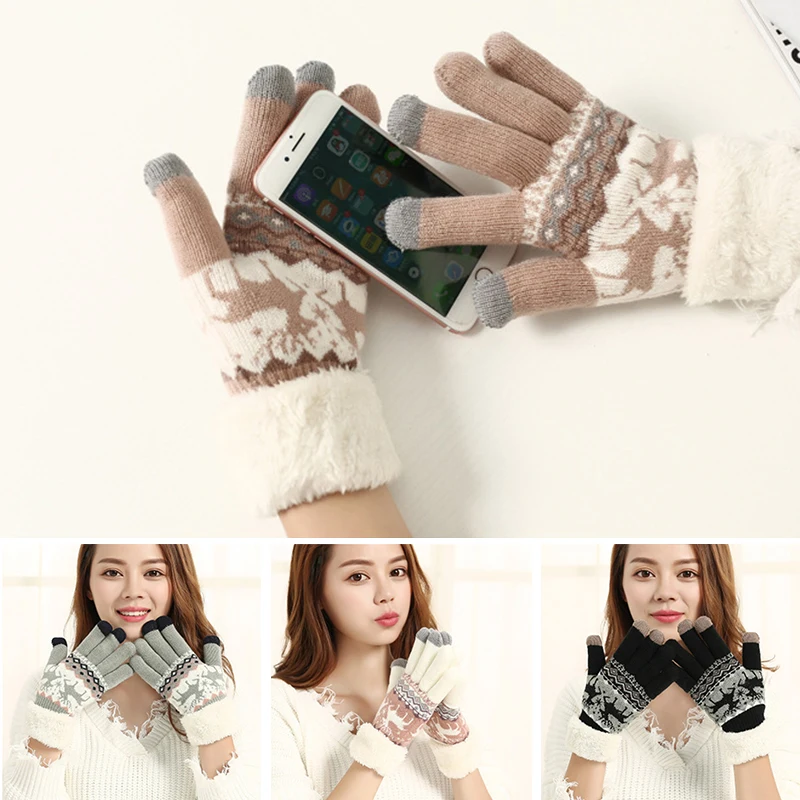 

Thicken Cashmere Gloves Two Layer Plush Winter Warm Gloves Snowflake Elk Knitted Pattern Full Finger Skiing Touch Screen Glove