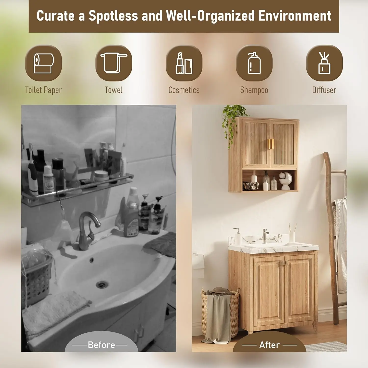 Bathroom Storage Cabinet, Medicine Cabinet with Adjustable Wood Shelf & Doors, Over The Toilet Storage Cabinet