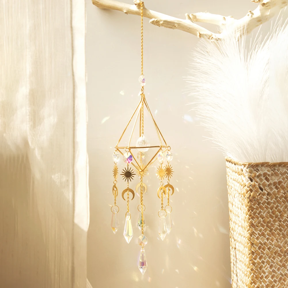 Hanging Golden Crystal Suncatcher Sun&Moon Light Catcher Rainbow Prisms Sun Catchers for Outdoor Decor Garden Ornaments Pendants
