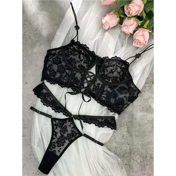 Set di slip reggiseno femminile trasparente sexy lingerie romantica biancheria intima di pizzo nero fiori sensuali vedere attraverso set erotici 1