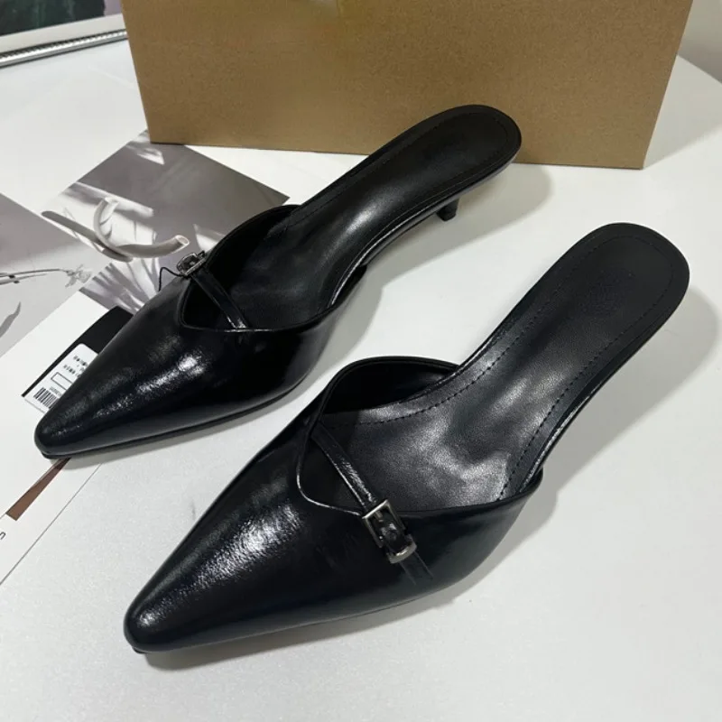 Women Slingbacks Sandals summer Pointed Toe Chic Buckle Black Party High Heels Lady Mules Shoes