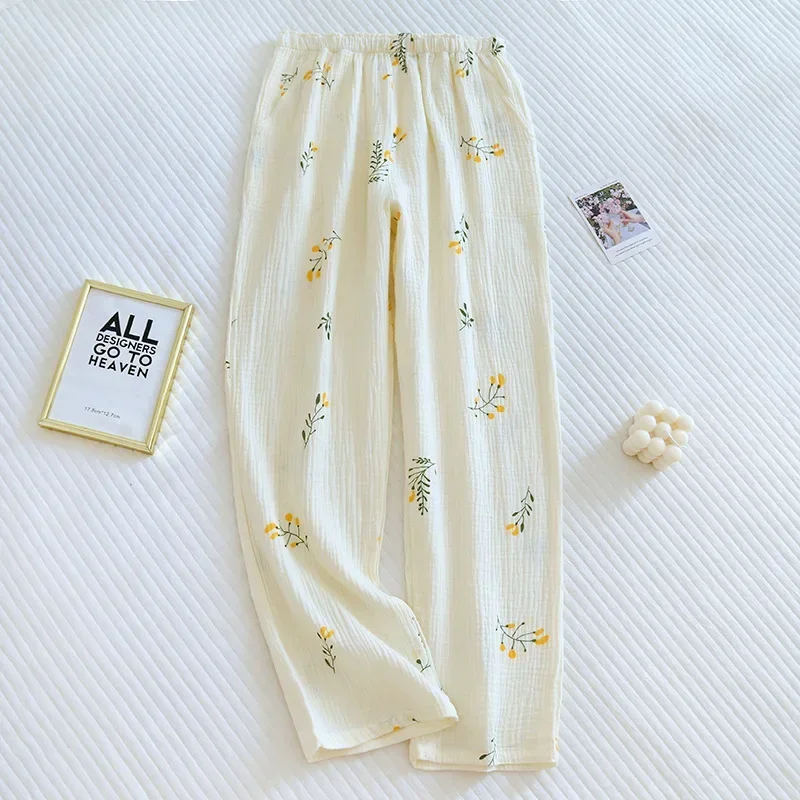 Cotton Pajama Pants Japanese Spring/Summer New Women's Pajama Pants 100% Cotton Crepe Pants Sweet and Cute Pajama Ladies Loose Home
