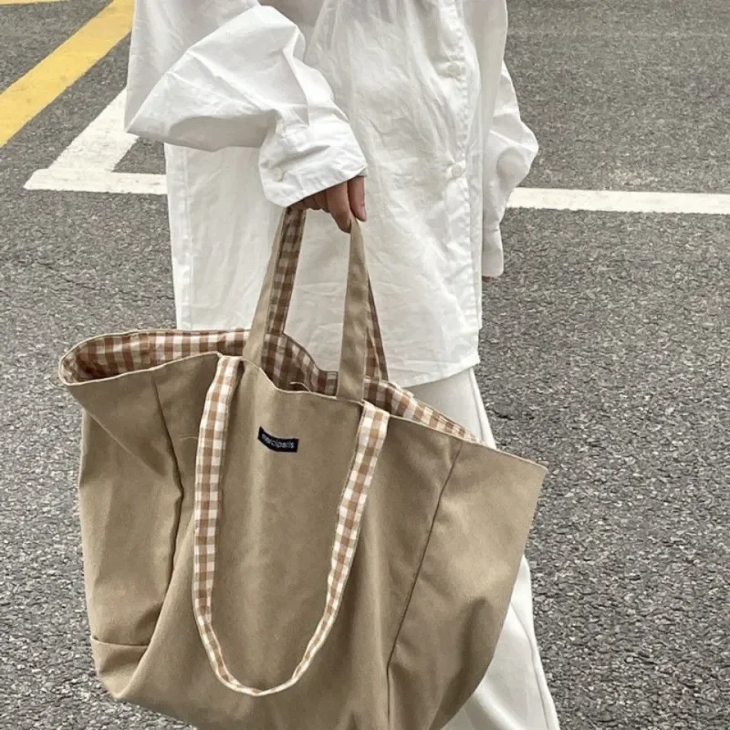 

Women Canvas Shoulder Bags Plaid Double-side Large Capacity Handbags Female Shopping Portable Lazy All-match Foldable Tote Bag