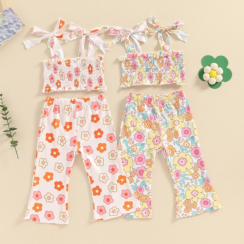 

2024-04-15 Lioraitiin Summer Kids Girls Outfits Floral Print Bandage Sleeveless Camisole and Elastic Flared Pants Clothes