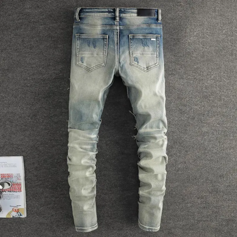 High Street Fashion Men's Elastic Jeans Vintage Wash Blue Tight Split Jeans Men's Patch Designer Hip Hop Brand Pants Hombre