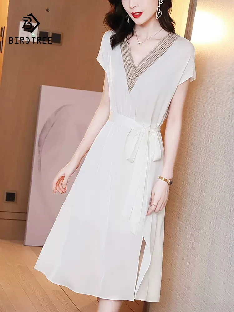 

Birdtree 92.5%Mulberry Silk Elegant Party Dresses For Women 2023 French Style Waistband V-Neck Embroidered A-Line Dress D3D122QC