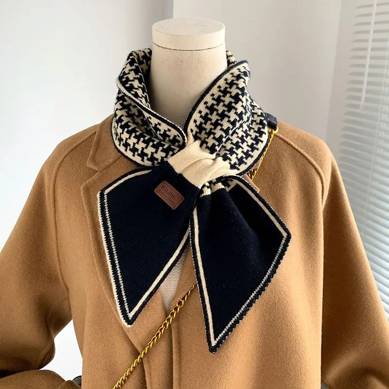 Women Neck Scarf Warm Cashmere Neck Tie Scarf For Women Plaid Neckerchief Knitted Long Skinny Small Scarves Bandana Female