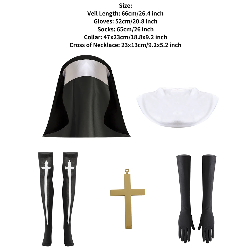 Accesorios De Disfraz De Monja, Sombrero De Monja, Tocado, Medias Y Collar Con Colgante De Cruz, Kit De Accesorios De Monja Sexy Para Mujer, Fiesta De Halloween, Cosplay, Negro+Blanco