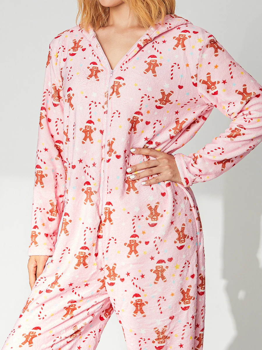 Women Graphic Prints Nightwear Winter Warm Plush Inner Zipper Closure Long Sleeve Hooded Jumpsuit Romper for Fall Loungewear Pjs