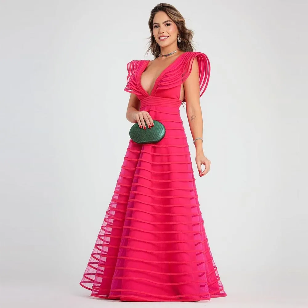 

Sevintage Fuschia Prom Dresses V Neck Cap Sleeves A-Line Pleat Ruched Saudi Arabic Evening Gown Formal Party Dress 2023