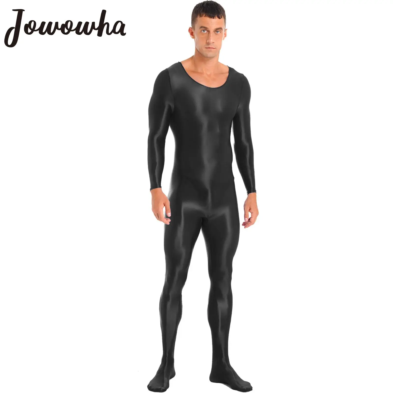 Men Glossy Bodystocking Smooth Long Sleeve Oil Shiny Full Body Bodysuit Tights Swimsuit Gym Fitness Rash Guard Swimwear Jumpsuit