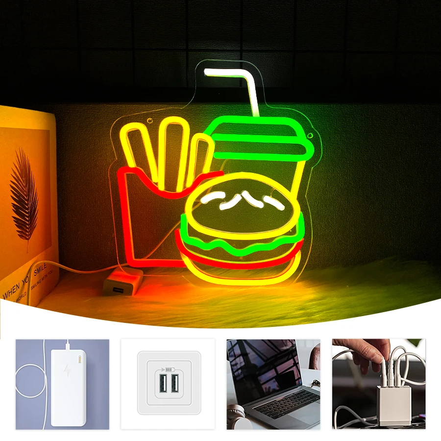 버거, 감자튀김, 콜라 LED 네온사인, USB 전원, 벽 장, 다이너, 스낵바, 버거 가게 창문 장 조명 사인