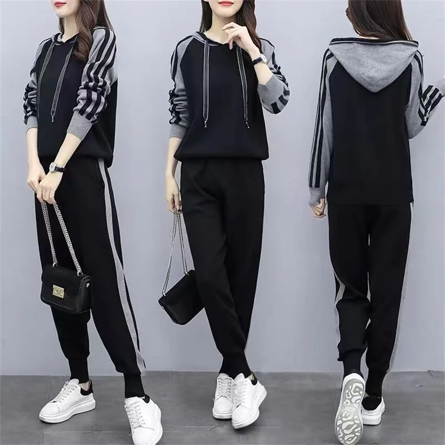 

autumn 2023 Hooded Two Piece Set Women striped Outfits Casual Tracksuit Street Female Sweatsuits