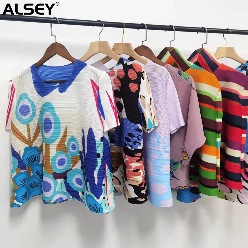 

Плиссированная модная футболка ALSEY Miyake с коротким рукавом и принтом для женщин, весна-осень, новые простые элегантные темпераментные топы, одежда