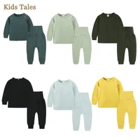 2Pieces Kids Boys Girls Cotton Pajamas Set Toddler Solid Cotton Long Sleeve Sleepwear Tops + Elastic Pants Children Lounge Set