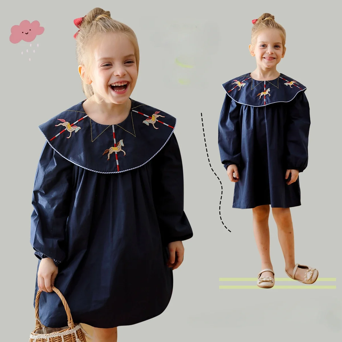 2024 Autumn Carousel Embroidery Lapel Long Sleeved Girls' Dress Clothing Spring Campus Navy Style Children's Pure Cotton Dress - Image 5