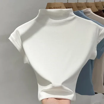 2025 تي شيرتات قصيرة الاكمام المرأة الصلبة بسيطة عادية لينة كل مباراة الأساسية بلايز تيز الصيف موضة نحيل القمم أسود أبيض 3