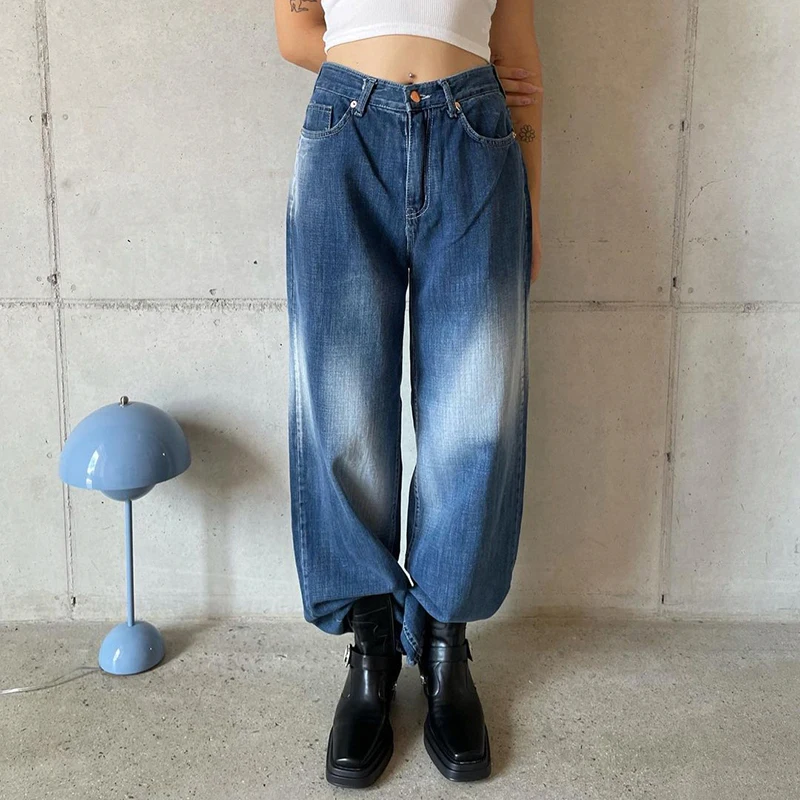 Streetwear Women's Jeans High Waist Loose Straight Denim Pants Gradient Washed Blue Denim Jean 2021 Autumn Casual Baggy Trousers straight leg jeans