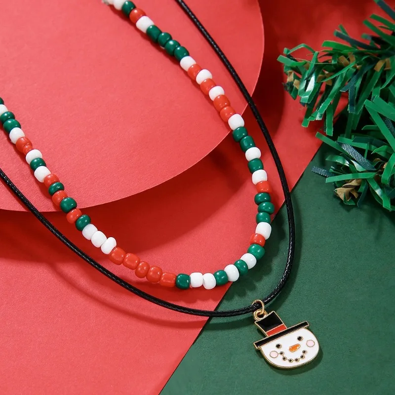 Christmas Necklaces for Women Girls Handmade Rice Beads X'mas Tree Santa Claus Snowman Pendant Chains New Year Jewelry Gifts