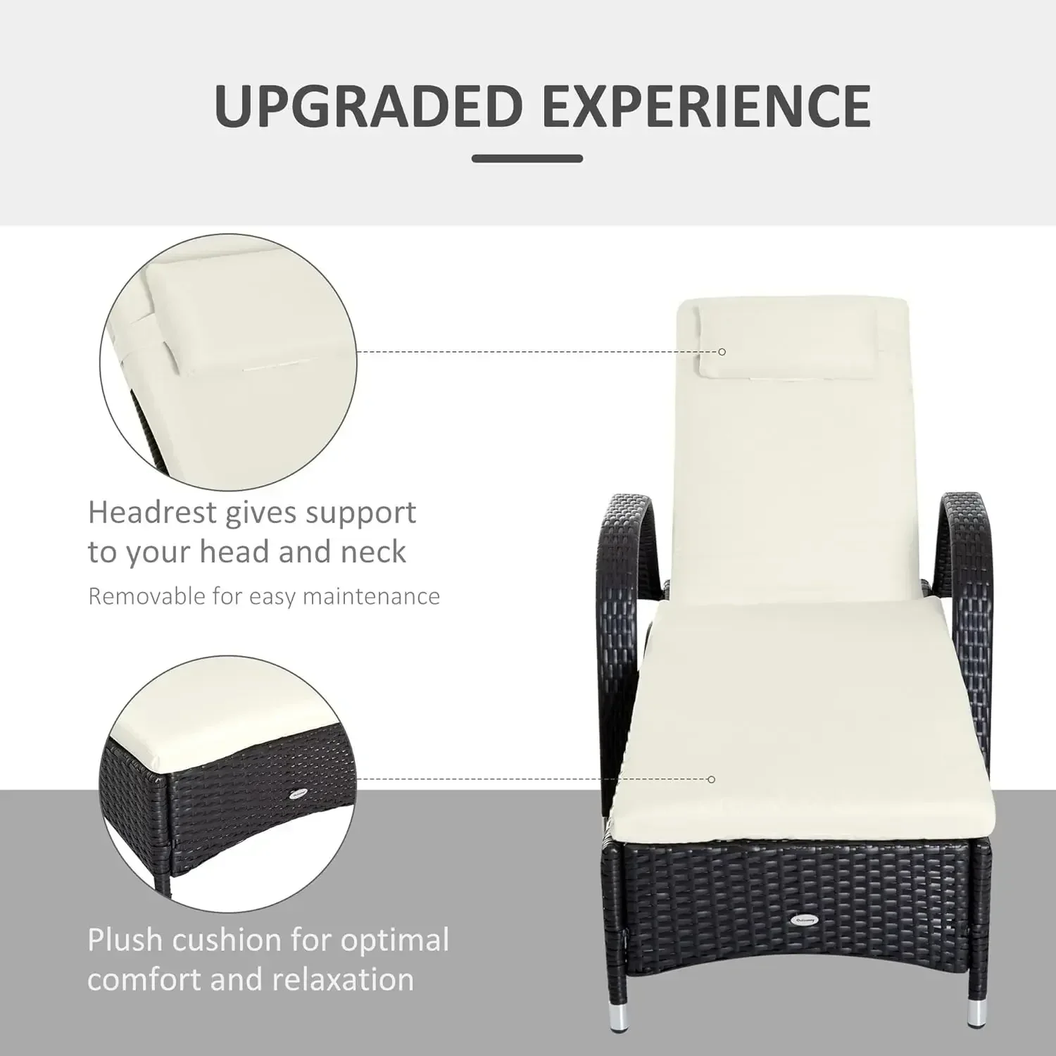 --NewWicker Outdoor Chaise Lounge,5-Level Adjustable Backrest PE Rattan Pool Lounge Chair with Wheels, Cushion & Headrest,Cre